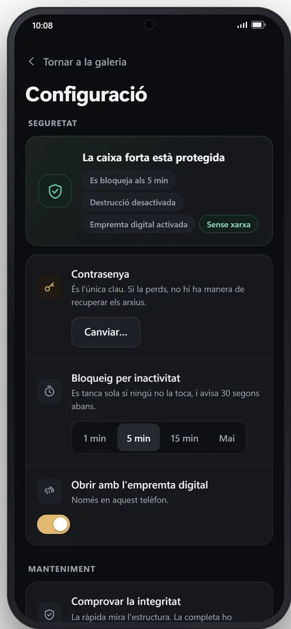 Ajustos de seguretat al mòbil: la caixa forta està protegida i sense xarxa, bloqueig per inactivitat als 5 minuts i obertura amb empremta.