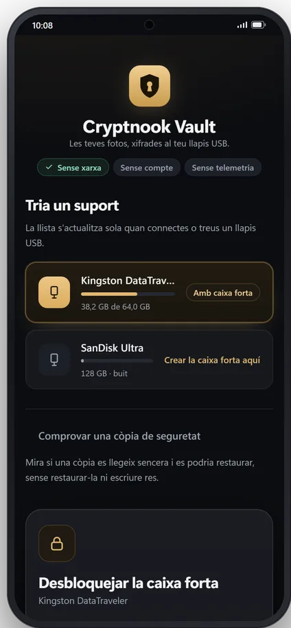 Pantalla d’inici al mòbil: la llista de pendrives connectats, un amb caixa forta i un de buit on crear-la.