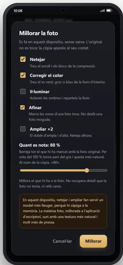 Millorar una foto al mòbil: netejar, corregir el color, il·luminar, afinar o ampliar, quant es nota, i l’avís que aquí s’usa un model més lleuger que al PC.