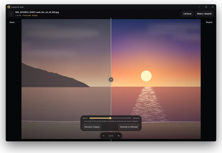 Abans i després a Windows: una foto antiga d’una posta de sol a l’esquerra i la còpia millorada a la dreta, amb la línia per comparar.