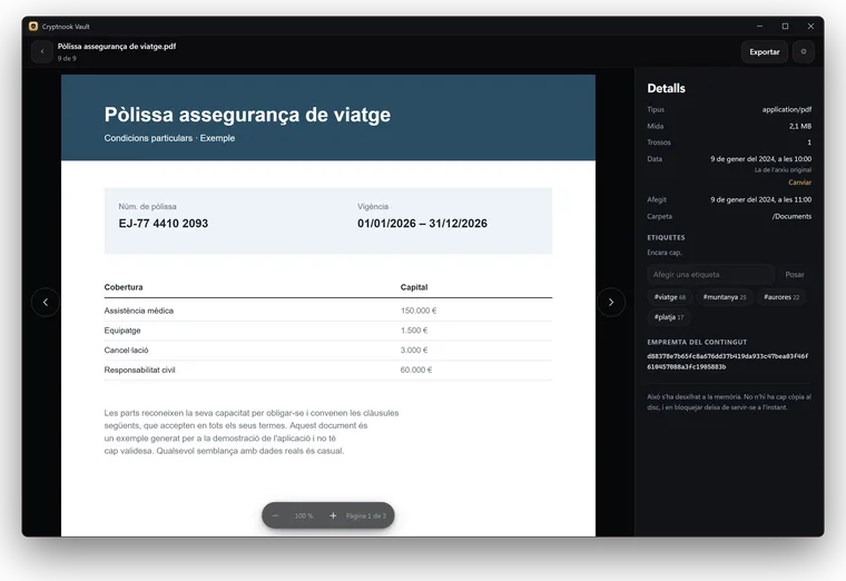 Un PDF d’exemple, una pòlissa d’assegurança de viatge, obert dins la caixa forta a Windows sense desxifrar-lo al disc.