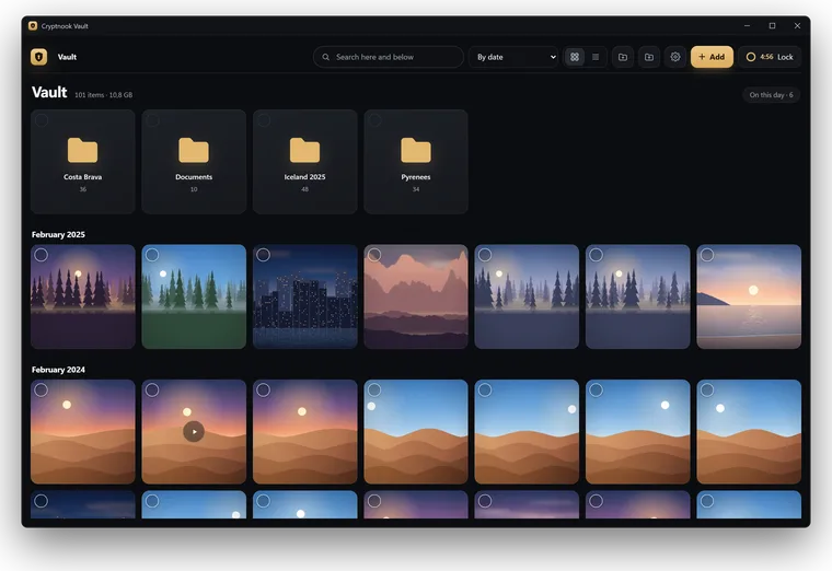 The gallery on Windows: folders at the top and the vault’s photos and videos in a grid by month.