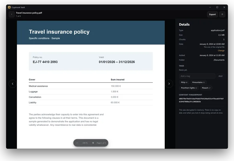 A sample PDF, a travel insurance policy, open inside the vault on Windows without decrypting it to disk.