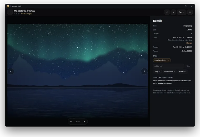 The viewer on Windows: a large photo with its details, tags and content fingerprint alongside.