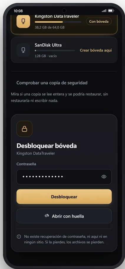 Desbloquear la bóveda en el móvil, con contraseña o con huella, y el aviso de que no hay recuperación de contraseña.