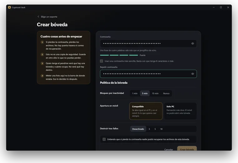Crear bóveda en Windows: la aplicación avisa antes de empezar de que sin contraseña no hay recuperación y de que no es una copia de seguridad.